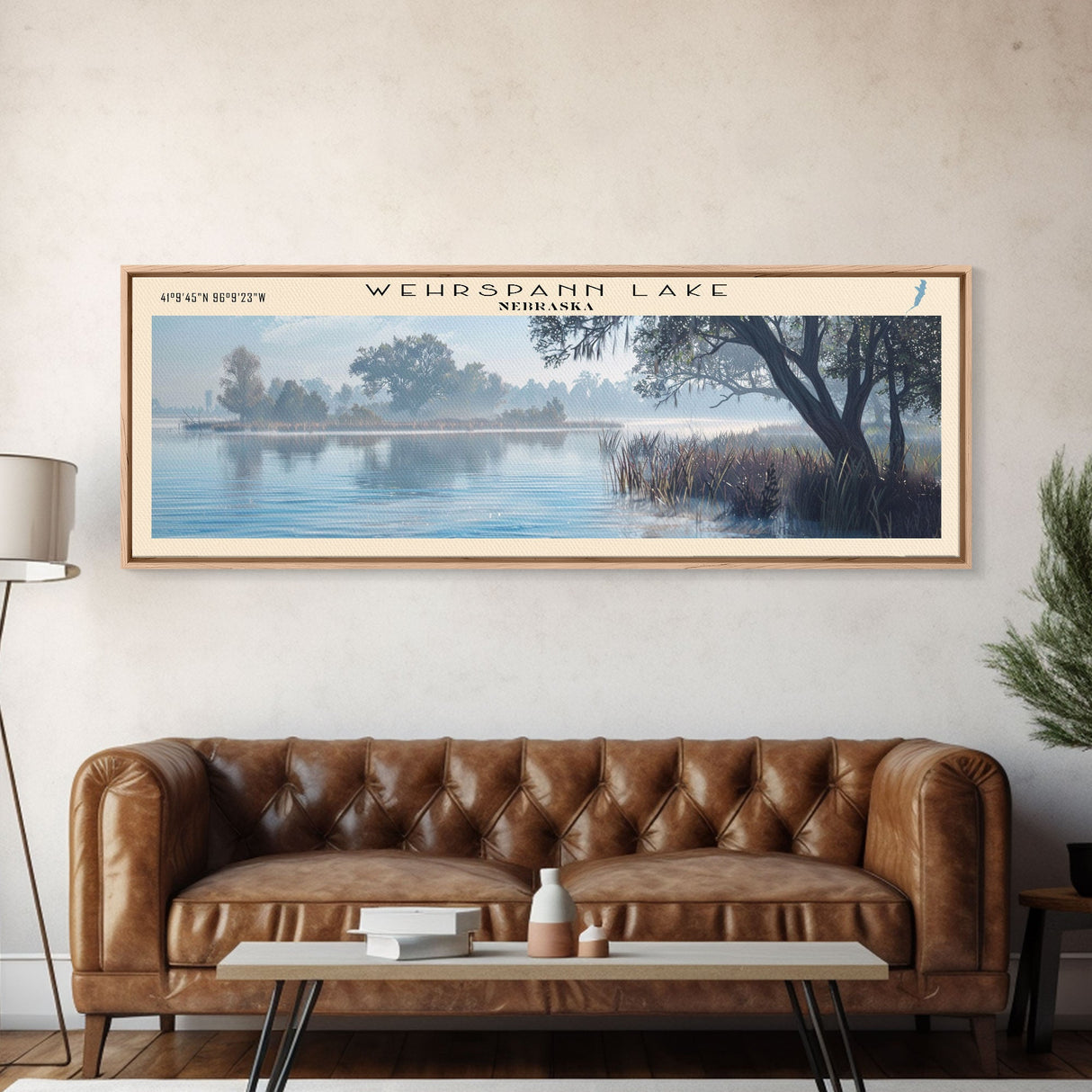 Wehrspann Lake Nebraska Panoramic Wall Art, Framed Canvas Print, Lake House Decor, Travel Poster, Serene Landscape, Living Room Decor