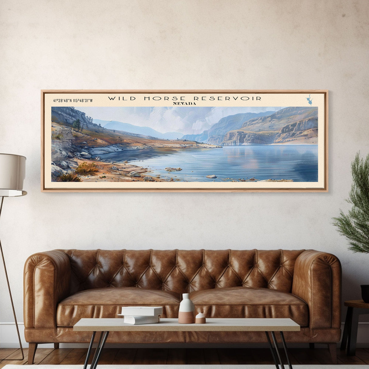 Wild Horse Reservoir Nevada Panoramic Wall Art, Framed Canvas Print, Lake House Decor, Travel Poster, Scenic Lake Scene, Living Room Art