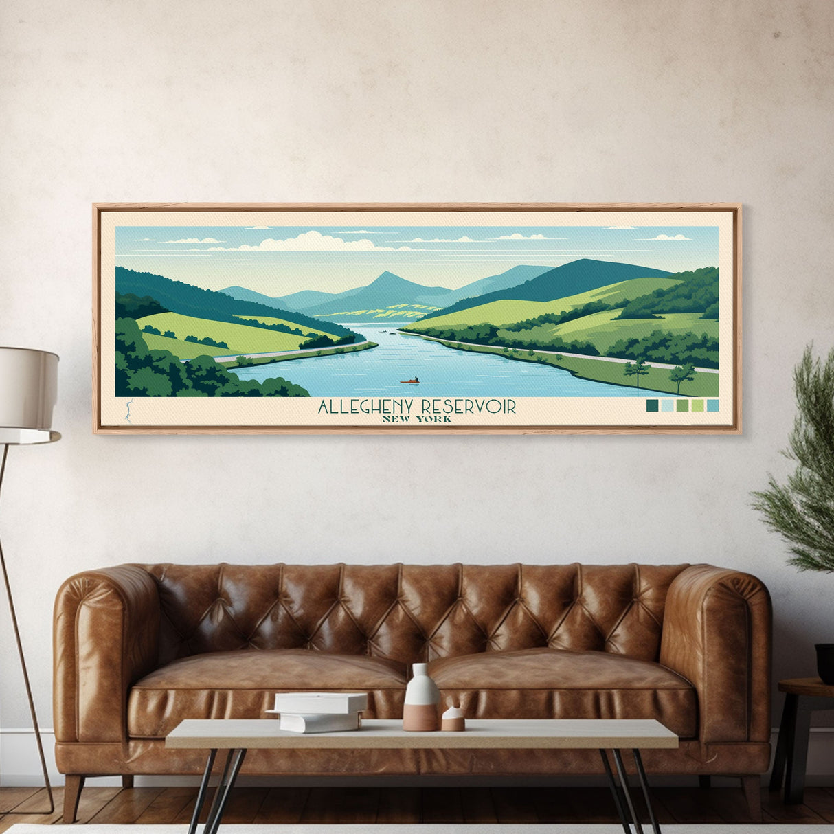 Allegheny Reservoir New York Framed Canvas Print, Panoramic Travel Poster, Pop Art, Midcentury Modern Wall Art, Lake House Art