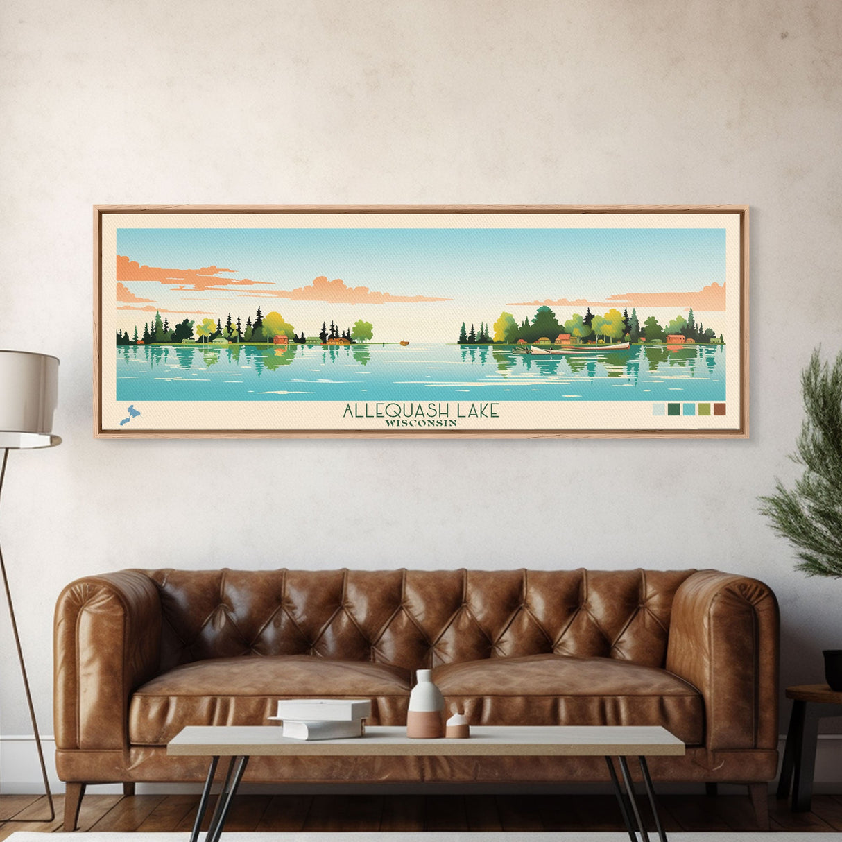 Allequash Lake Wisconsin Framed Canvas Print, Panoramic Wall Art, Midcentury Modern, Pop Art, Travel Poster, Living Room Decor