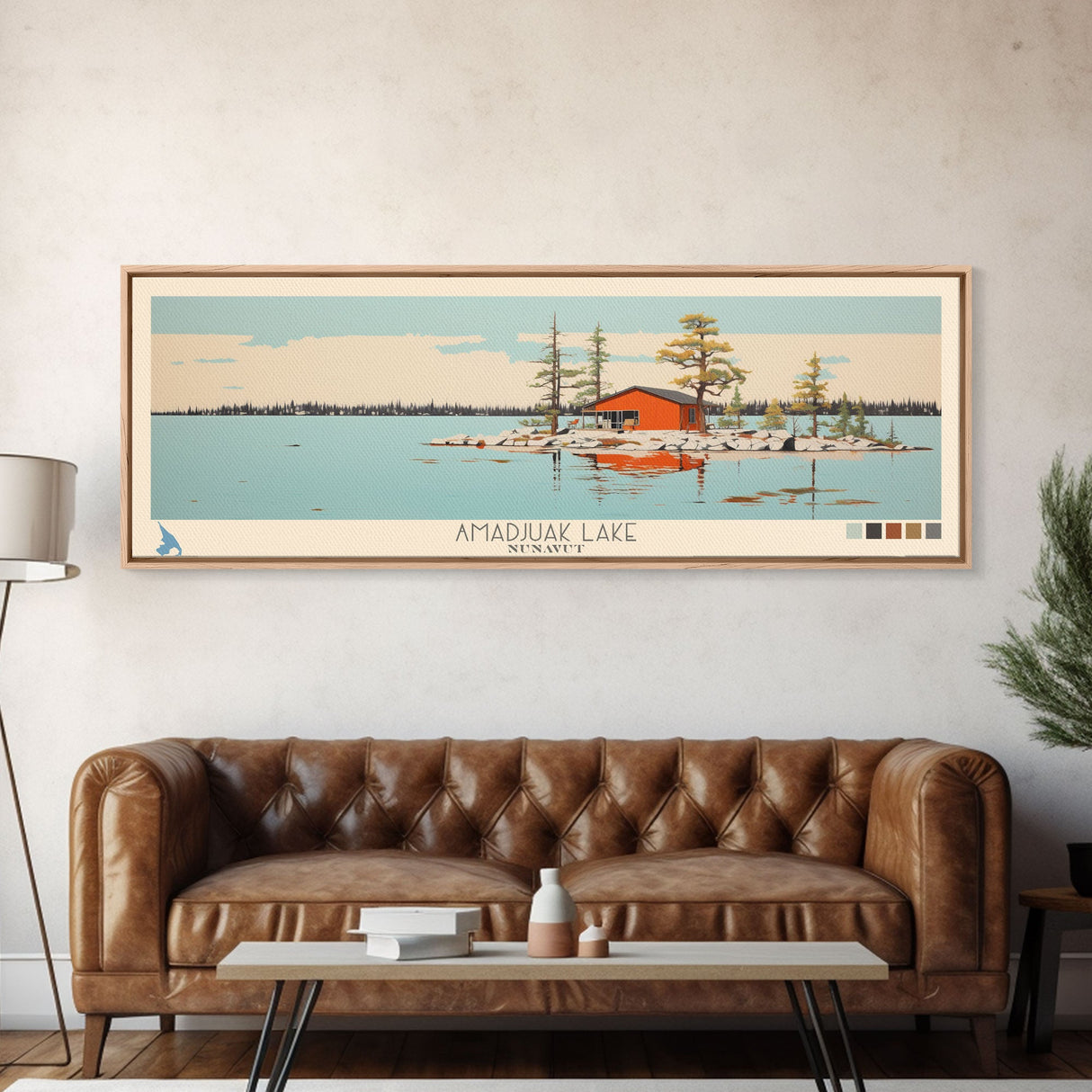 Amadjuak Lake Nunavut Framed Canvas Print, Panoramic Travel Poster, Pop Art, Midcentury Modern Wall Art, Lake House Art