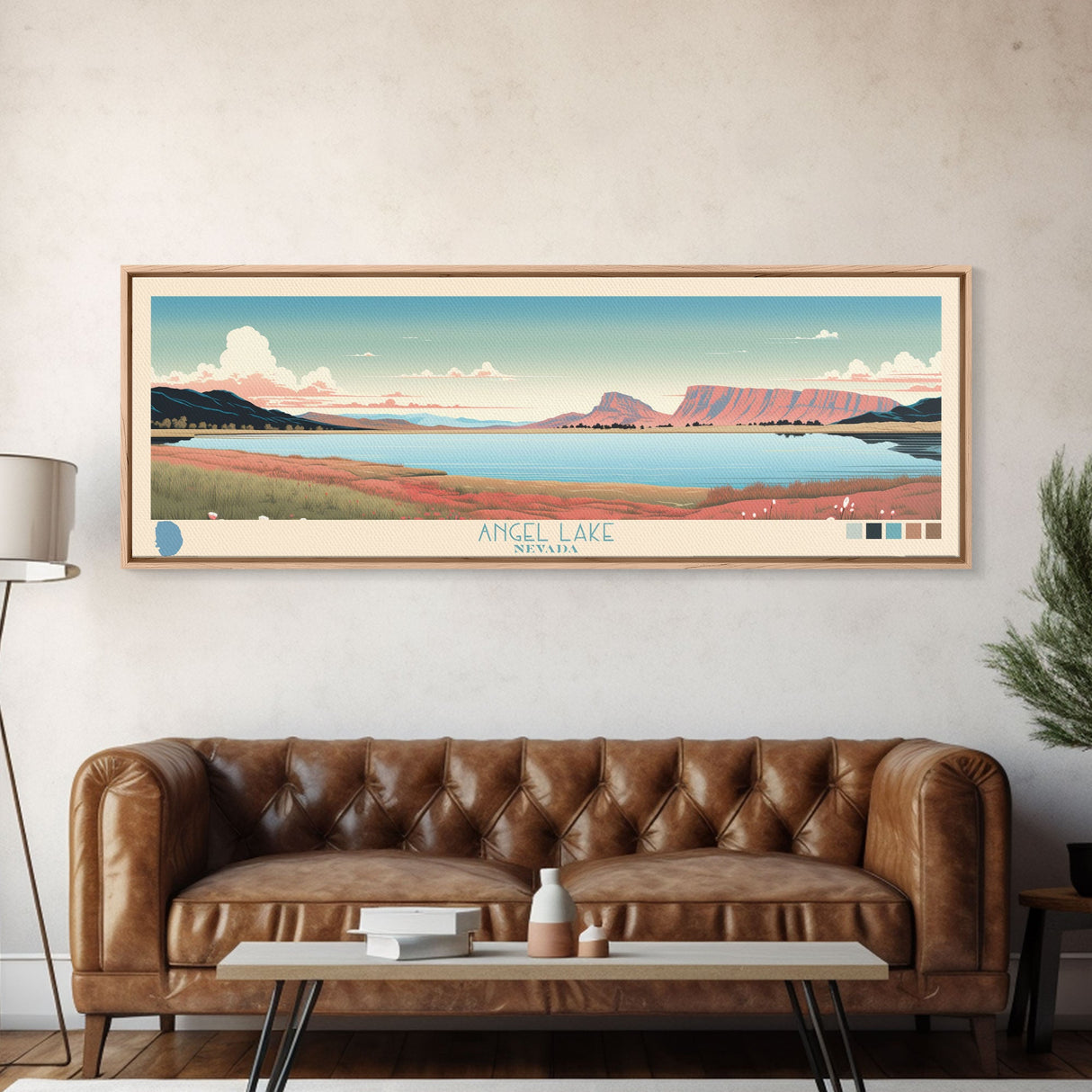 Angel Lake Nevada Framed Canvas Print, Panoramic Wall Art, Midcentury Modern, Pop Art, Travel Poster, Scenic Lake House Art