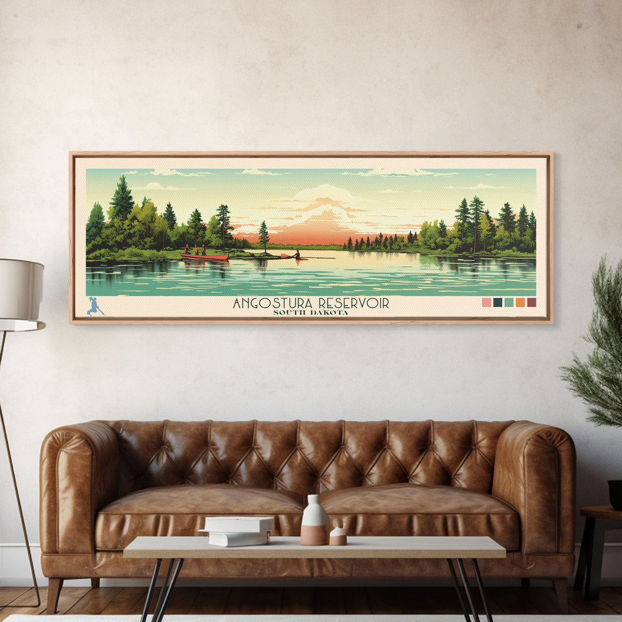 Angostura Reservoir South Dakota Framed Canvas Print, Panoramic Wall Art, Midcentury Modern, Pop Art, Travel Poster, Scenic Bedroom Art