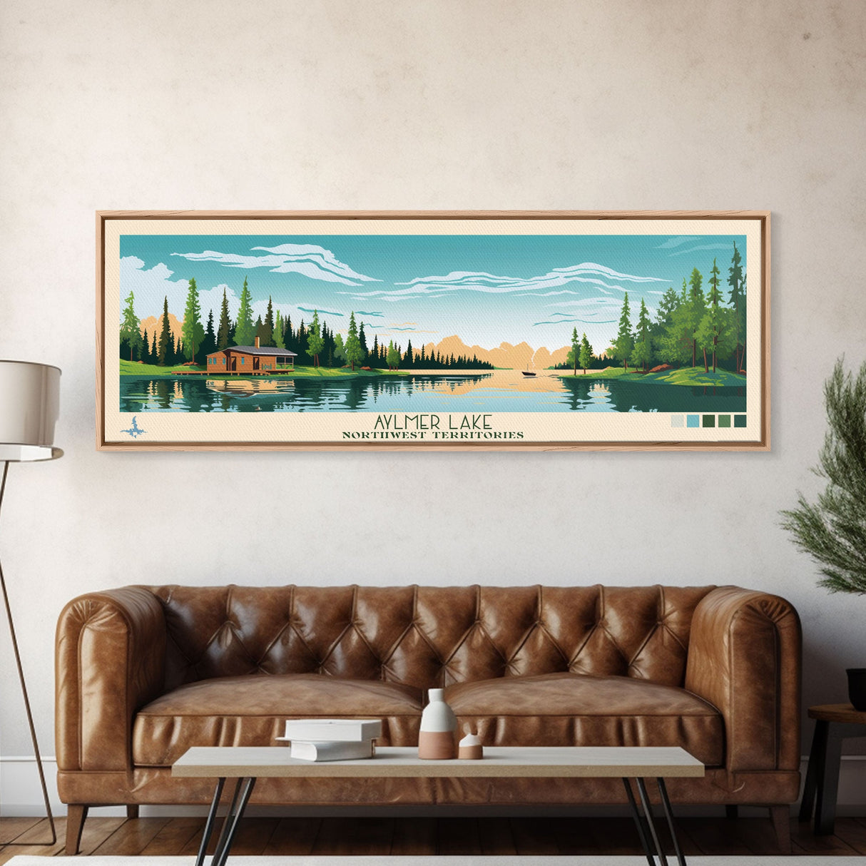 Aylmer Lake Northwest Territories Framed Canvas Print, Panoramic Travel Poster, Midcentury Modern Wall Art, Pop Art, Lake House Decor