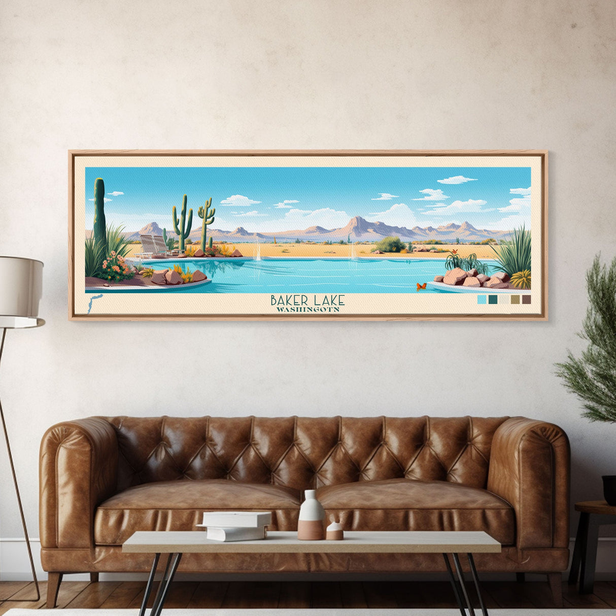 Baker Lake Washington Framed Canvas Print, Panoramic Travel Poster, Midcentury Modern Wall Art, Pop Art, Nature Living Room Art