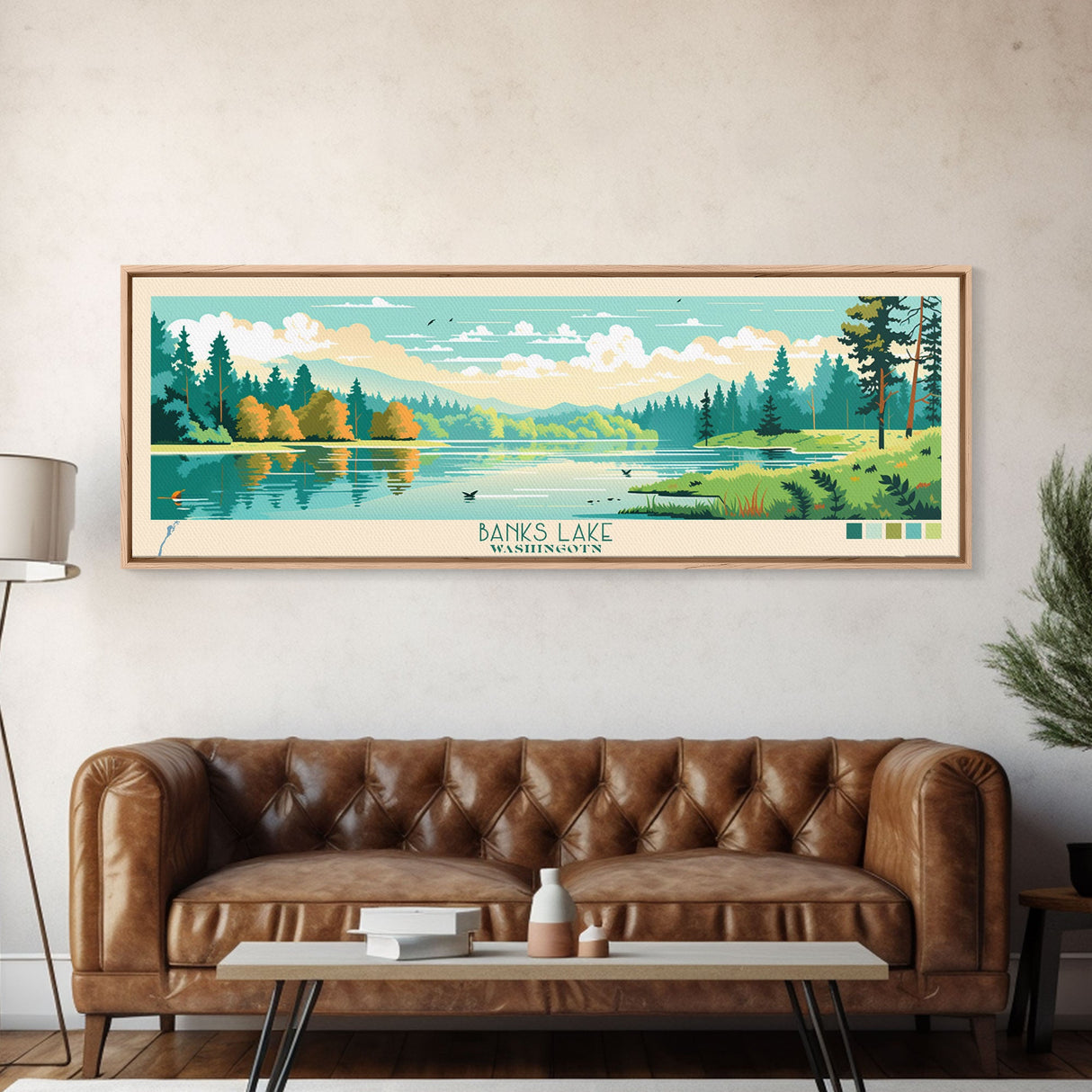 Banks Lake Washington Framed Canvas Print, Panoramic Wall Art, Midcentury Modern, Pop Art, Travel Poster, Scenic Lake House Art