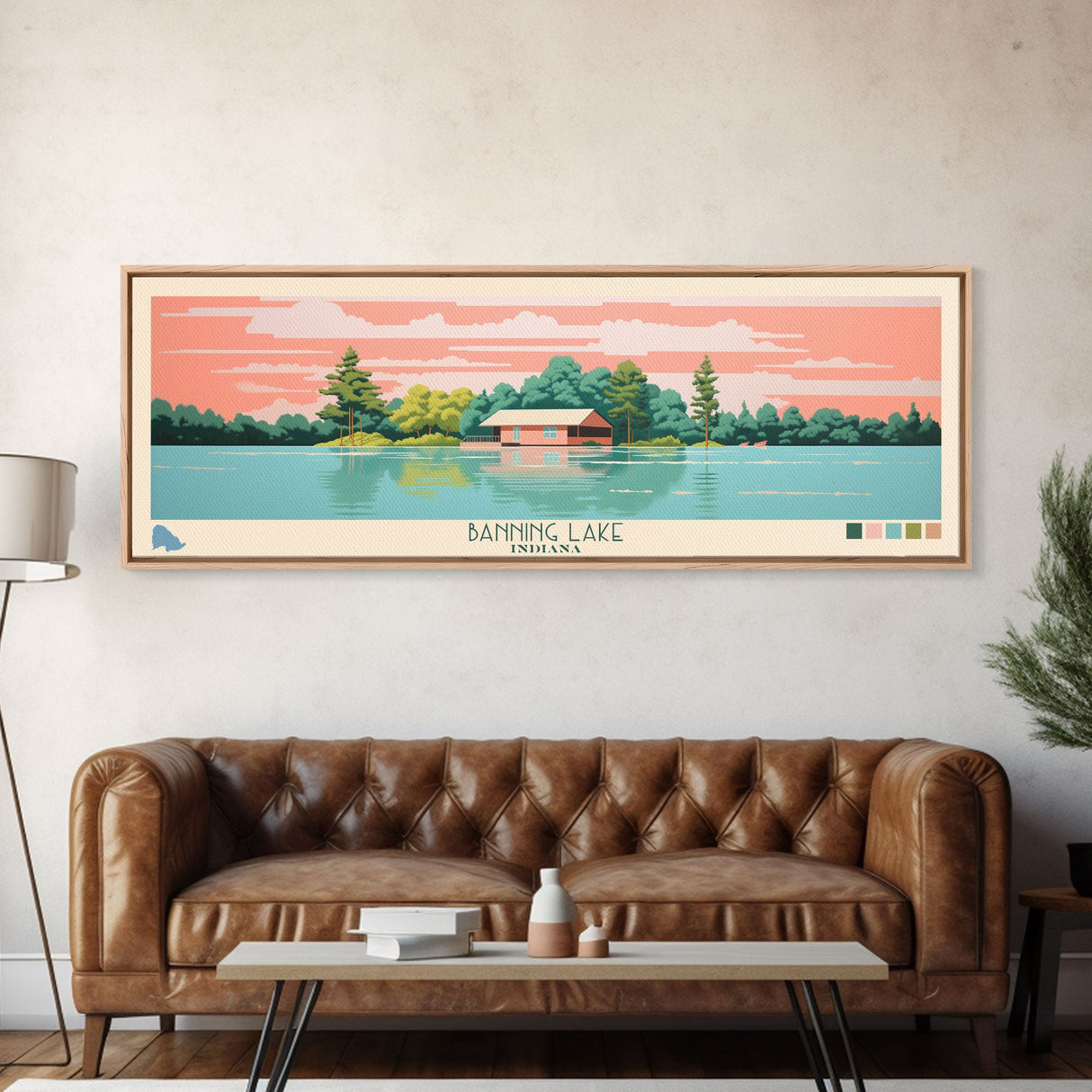 Banning Lake Indiana Framed Canvas Print, Panoramic Travel Poster, Midcentury Modern Wall Art, Pop Art, Bedroom Decor