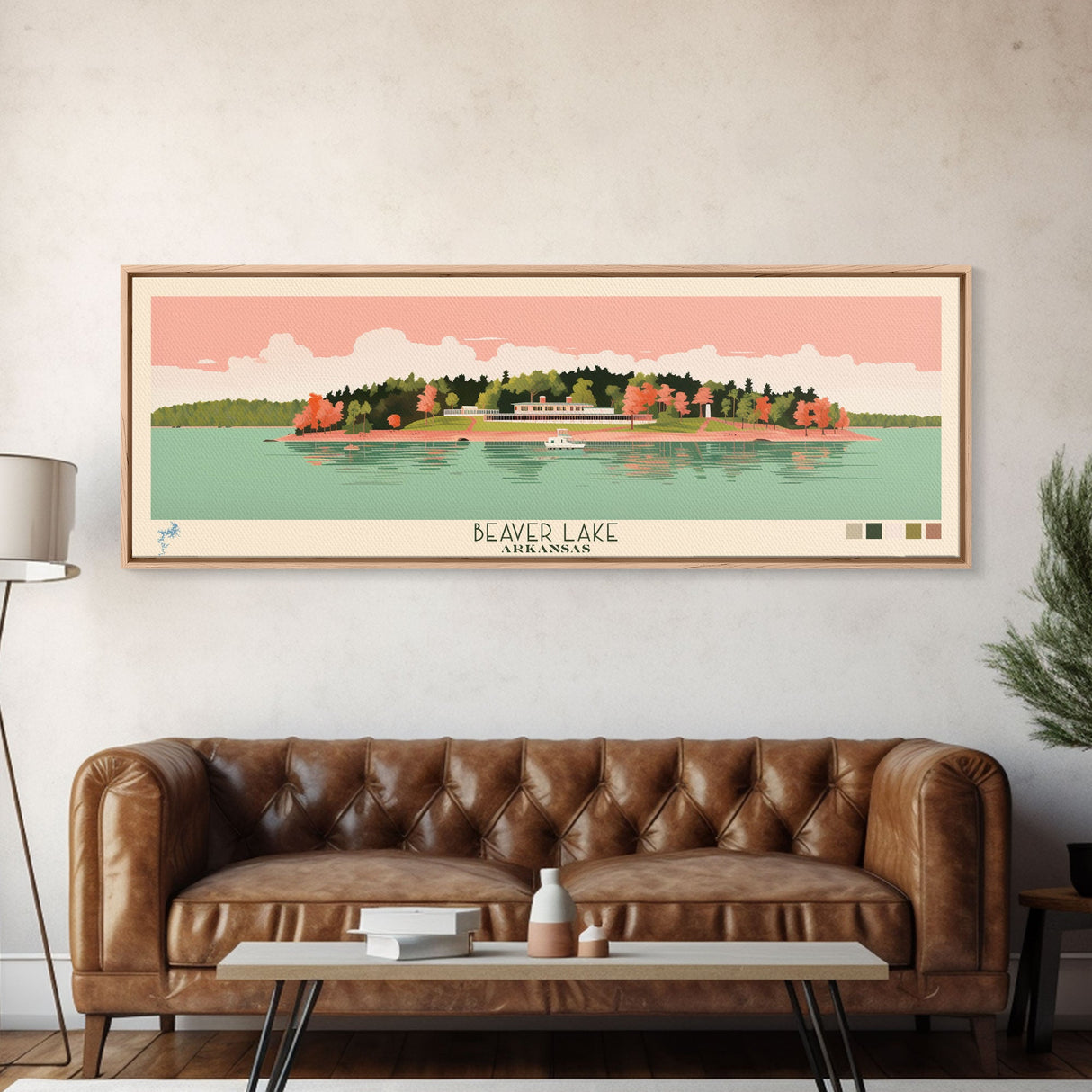 Beaver Lake Arkansas Framed Canvas Print, Panoramic Wall Art, Midcentury Modern, Pop Art, Travel Poster, Scenic Lake House Art, Bedroom Decor