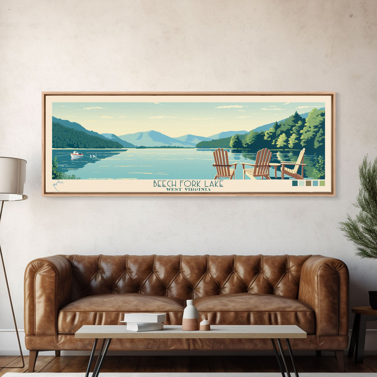 Beech Fork Lake West Virginia Framed Canvas Print, Panoramic Wall Art, Midcentury Modern, Pop Art, Travel Poster, Scenic Lake House Decor, Bedroom Art