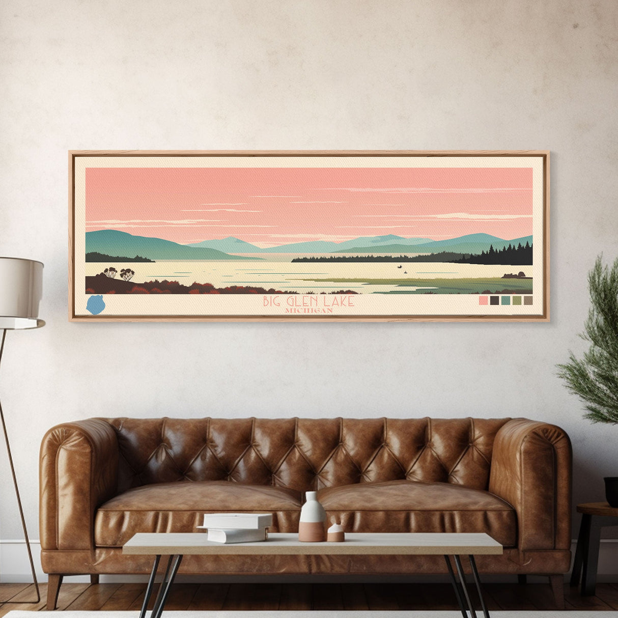 Big Glen Lake Michigan Framed Canvas Print, Panoramic Wall Art, Midcentury Modern, Pop Art, Travel Poster, Scenic Living Room Decor, Bedroom Art