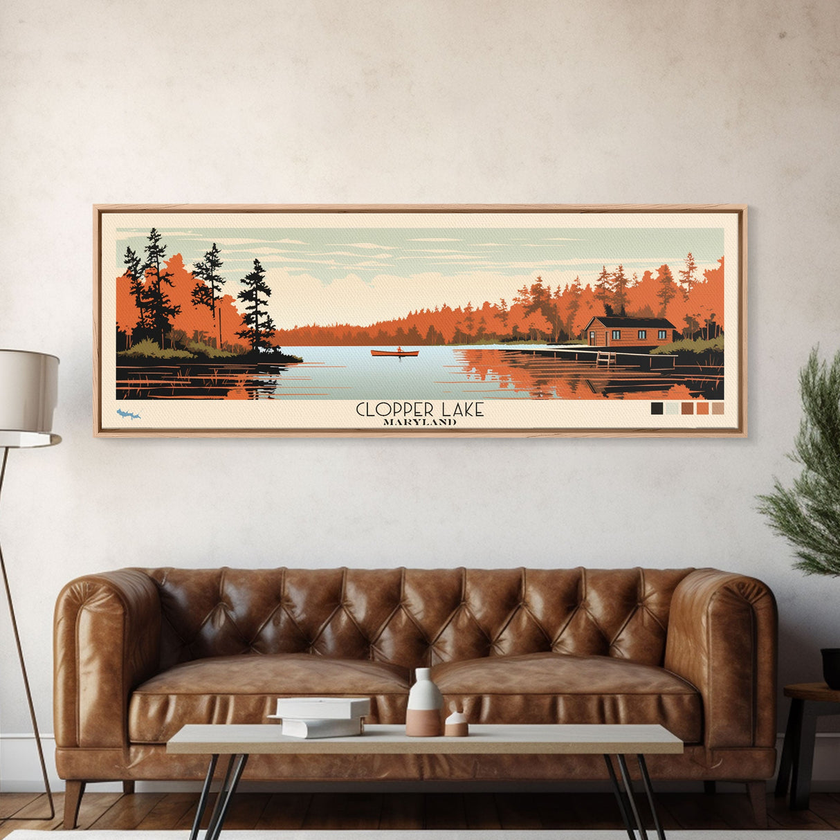 Clopper Lake Maryland Framed Canvas Print, Pop Art Panoramic Travel Poster, Midcentury Modern, Wall Art, Scenic Nature Painting, Bedroom Decor, Living Room Art