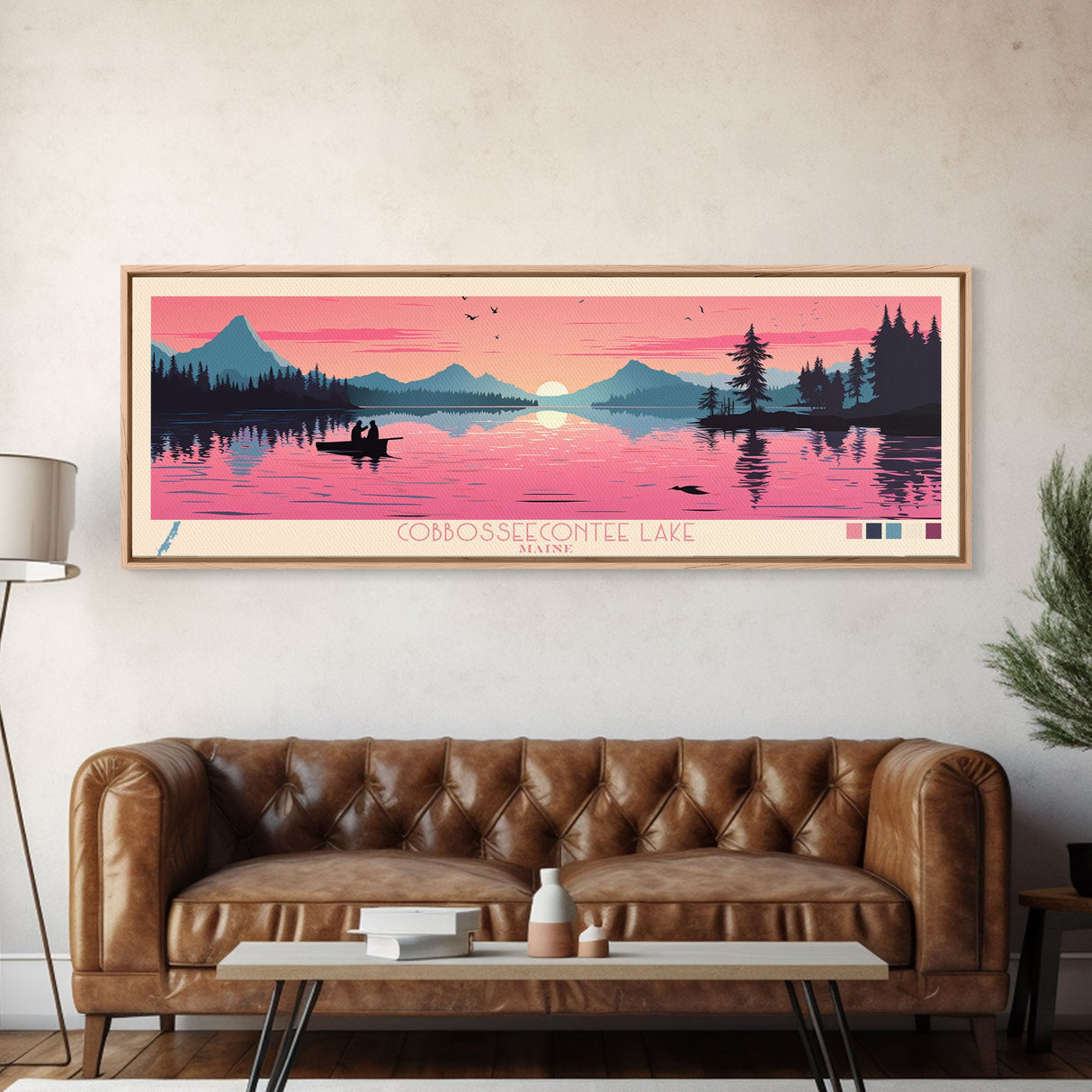 Cobbosseecontee Lake Maine Framed Canvas Print, Midcentury Modern Panoramic Wall Art, Living Room Decor, Pop Art, Travel Poster Art, Scenic Nature Painting, Lake House Decor