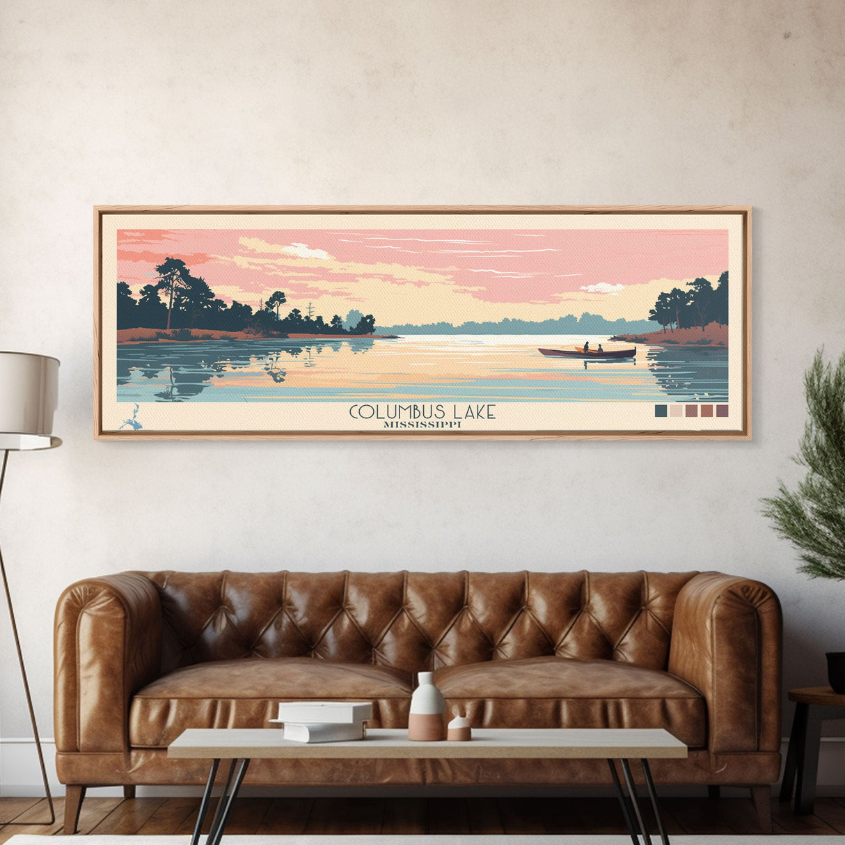 Columbus Lake Mississippi Framed Canvas Print, Midcentury Modern Panoramic Wall Art, Living Room Decor, Pop Art, Travel Poster Art, Scenic Nature Painting