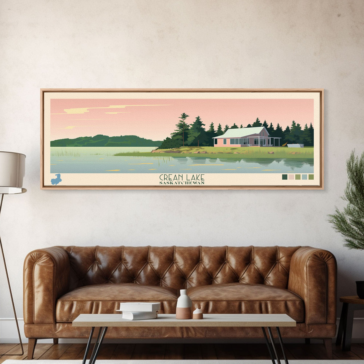 Crean Lake Saskatchewan Framed Canvas Print, Midcentury Modern Panoramic Wall Art, Living Room Decor, Pop Art, Travel Poster Art, Scenic Nature Painting, Lake House Decor