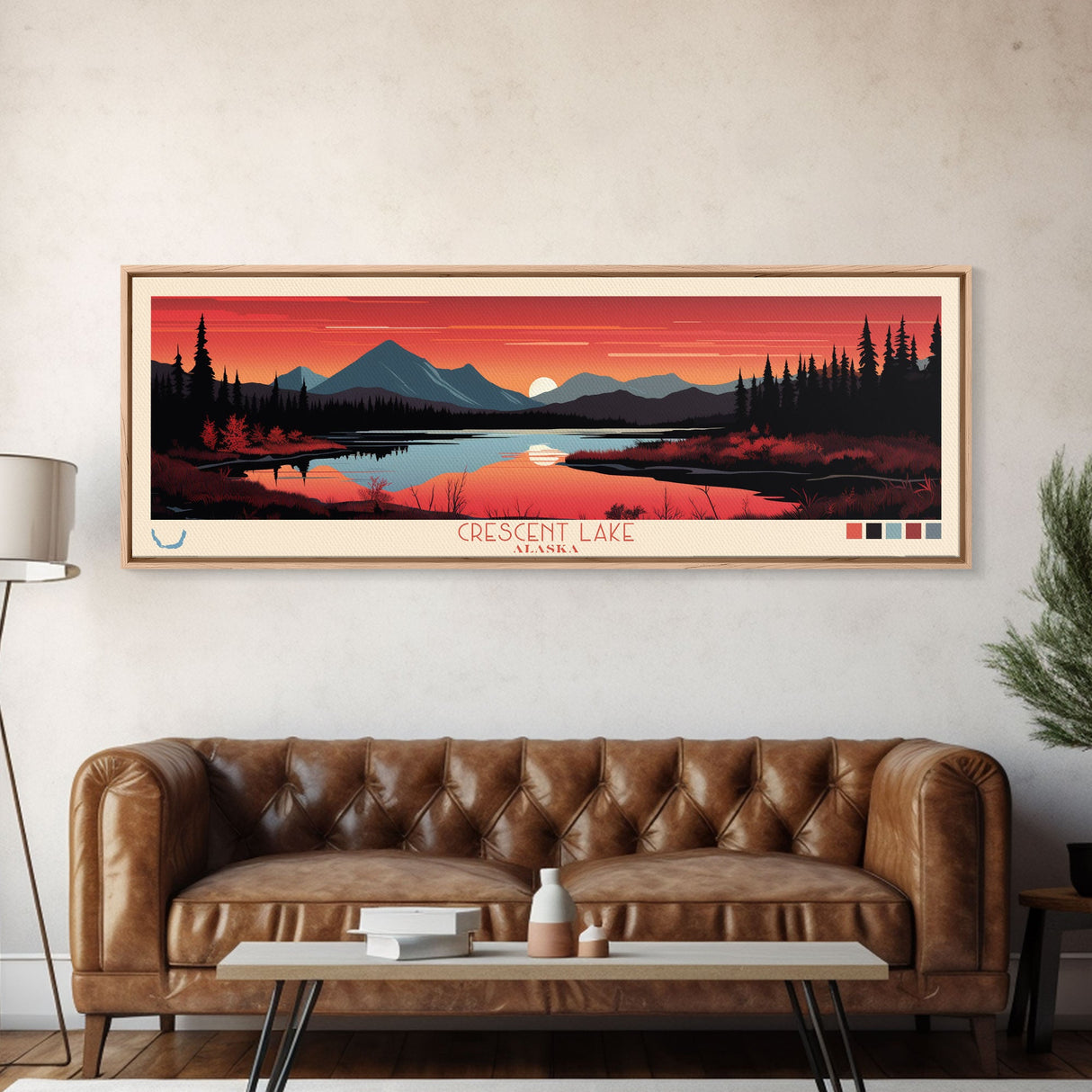 Crescent Lake Alaska Framed Canvas Print, Pop Art Panoramic Travel Poster, Midcentury Modern, Wall Art, Scenic Nature Painting, Bedroom Decor, Living Room Art