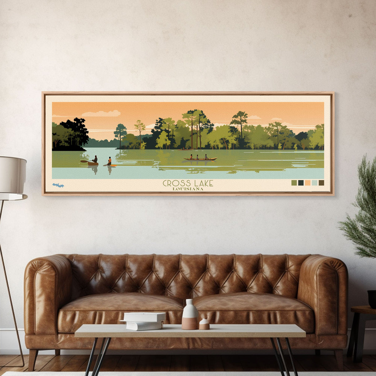 Cross Lake Louisiana Framed Canvas Print, Midcentury Modern Panoramic Wall Art, Living Room Decor, Pop Art, Travel Poster Art, Scenic Nature Painting, Lake House Decor