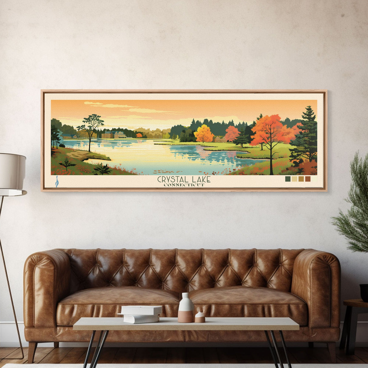 Crystal Lake Connecticut Framed Canvas Print, Pop Art Panoramic Travel Poster, Midcentury Modern, Wall Art, Scenic Nature Painting, Bedroom Decor, Living Room Art