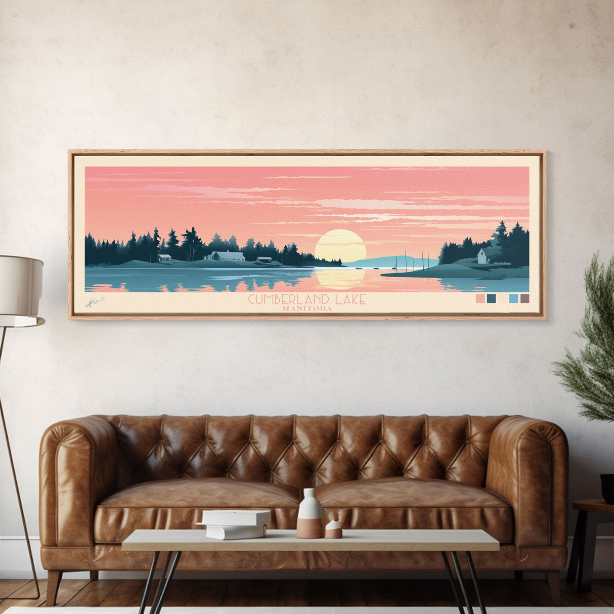 Cumberland Lake Manitoba Framed Canvas Print, Midcentury Modern Panoramic Wall Art, Living Room Decor, Pop Art, Travel Poster Art, Scenic Nature Painting