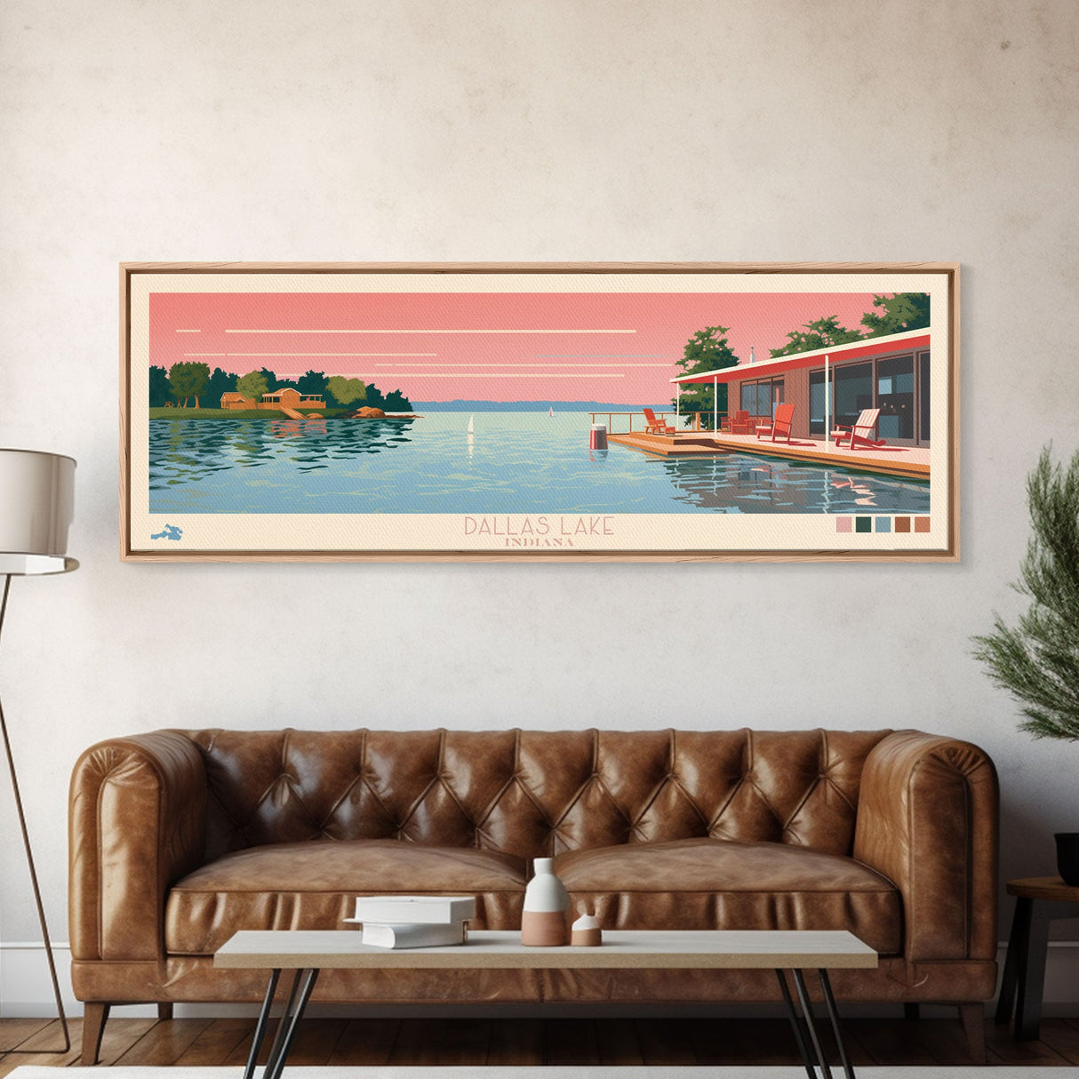 Dallas Lake Indiana Framed Canvas Print, Midcentury Modern Panoramic Wall Art, Bedroom Decor, Pop Art, Travel Poster Art, Scenic Nature Painting