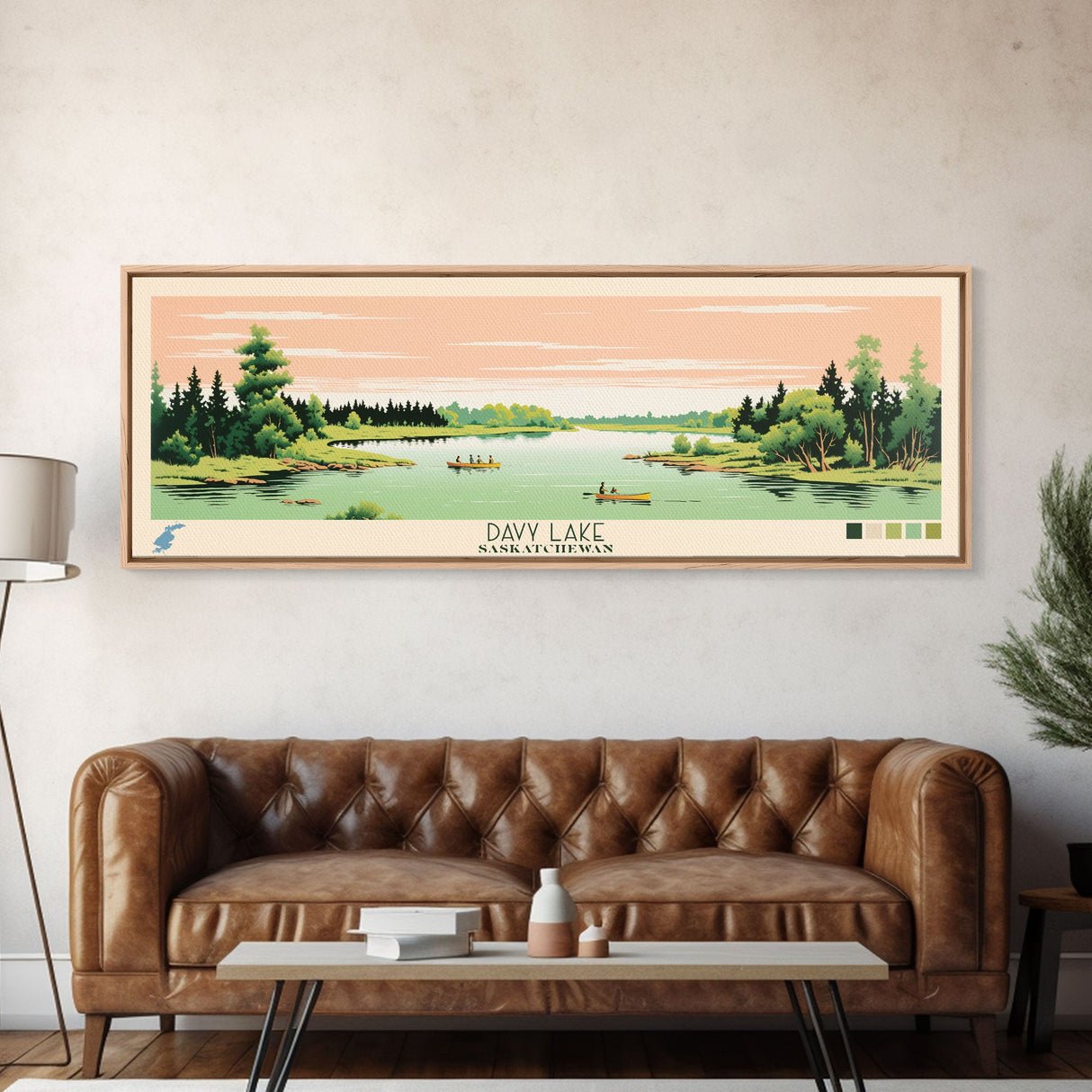 Davy Lake Saskatchewan Framed Canvas Print, Midcentury Modern Panoramic Wall Art, Living Room Decor, Pop Art, Travel Poster Art, Scenic Nature Painting