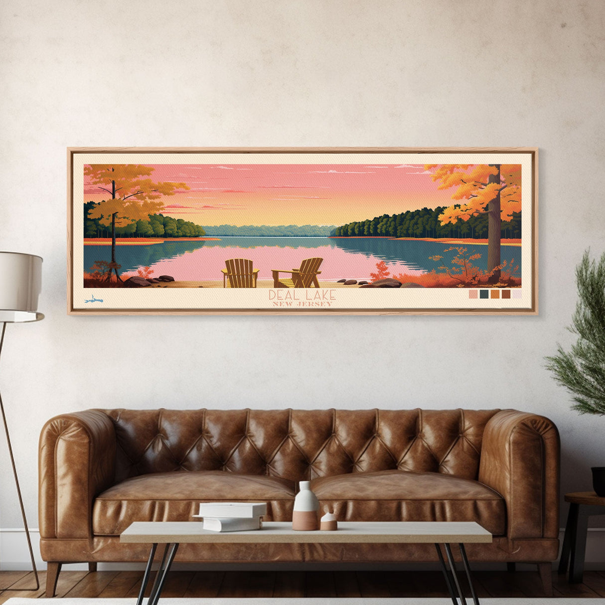 Deal Lake New Jersey Framed Canvas Print, Midcentury Modern Panoramic Wall Art, Living Room Decor, Pop Art, Travel Poster Art, Scenic Nature Painting