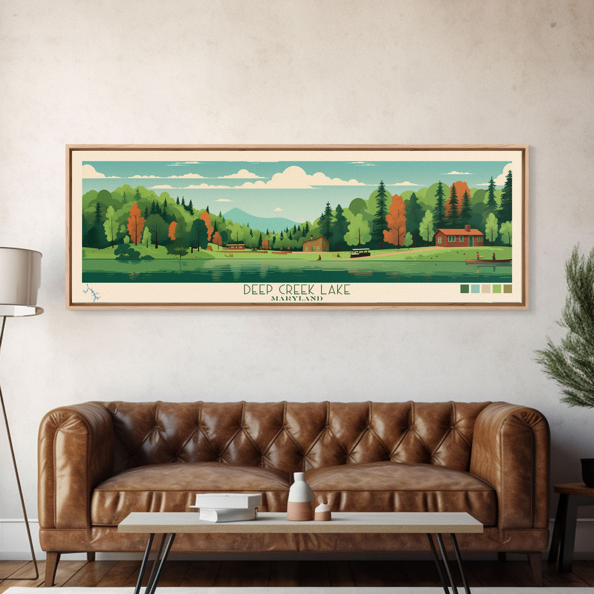 Deep Creek Lake Maryland Framed Canvas Print, Midcentury Modern Panoramic Wall Art, Bedroom Decor, Pop Art, Travel Poster Art, Scenic Nature Painting