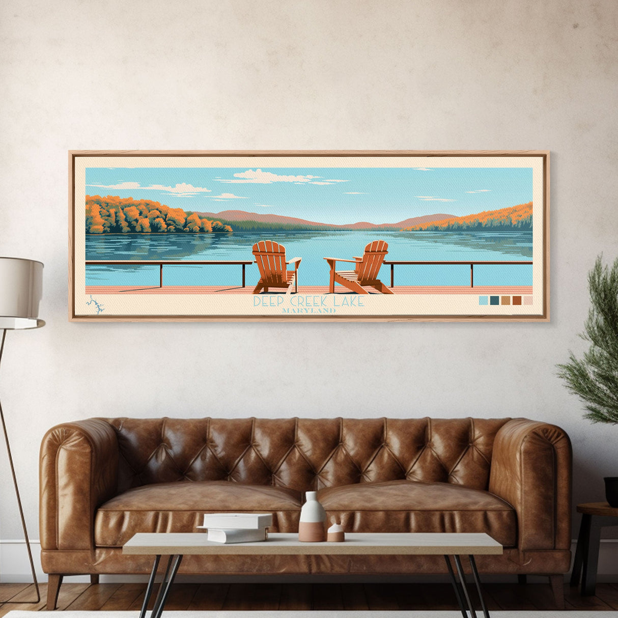 Deep Creek Lake Maryland Framed Canvas Print, Midcentury Modern Panoramic Wall Art, Living Room Decor, Pop Art, Travel Poster Art, Scenic Nature Painting