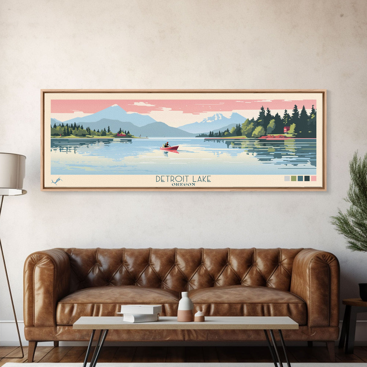 Detroit Lake Oregon Framed Canvas Print, Midcentury Modern Panoramic Wall Art, Bedroom Decor, Pop Art, Travel Poster Art, Scenic Nature Painting