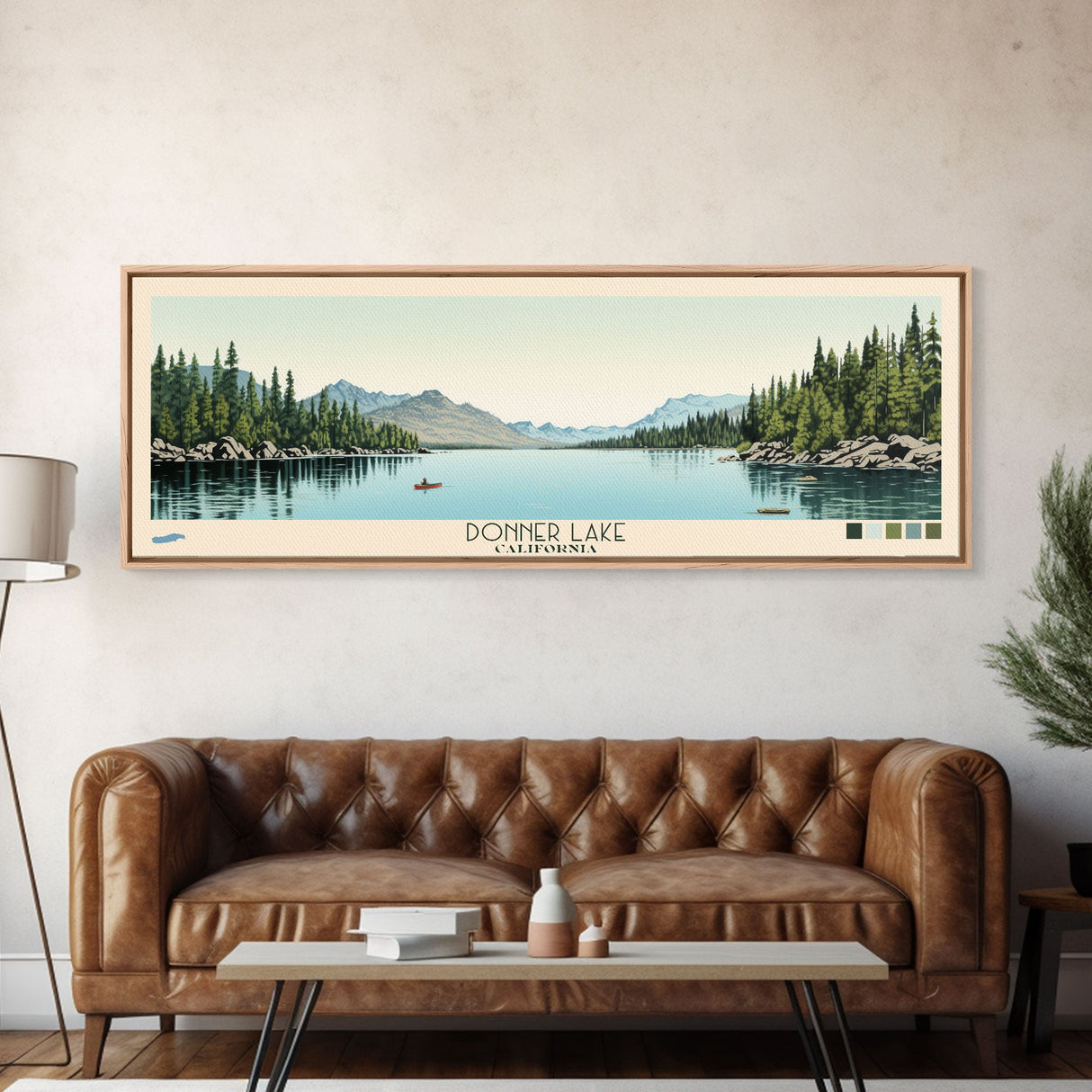 Donner Lake California Framed Canvas Print, Midcentury Modern Panoramic Wall Art, Bedroom Decor, Pop Art, Travel Poster Art, Scenic Nature Painting