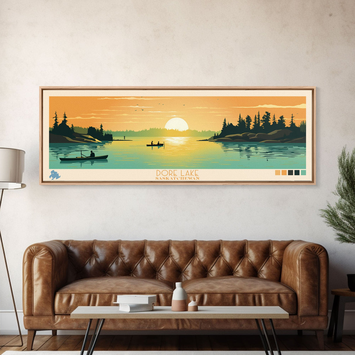 Dore Lake Saskatchewan Framed Canvas Print, Midcentury Modern Panoramic Wall Art, Living Room Decor, Pop Art, Travel Poster Art, Scenic Nature Painting