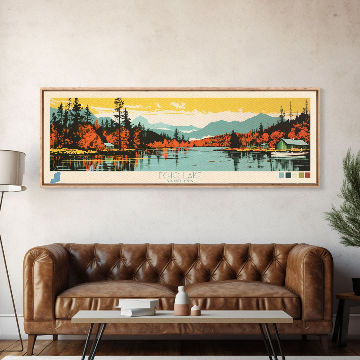 Echo Lake Montana Framed Canvas Print, Panoramic Wall Art, Midcentury Modern, Pop Art, Living Room Decor, Travel Poster, Nature Art