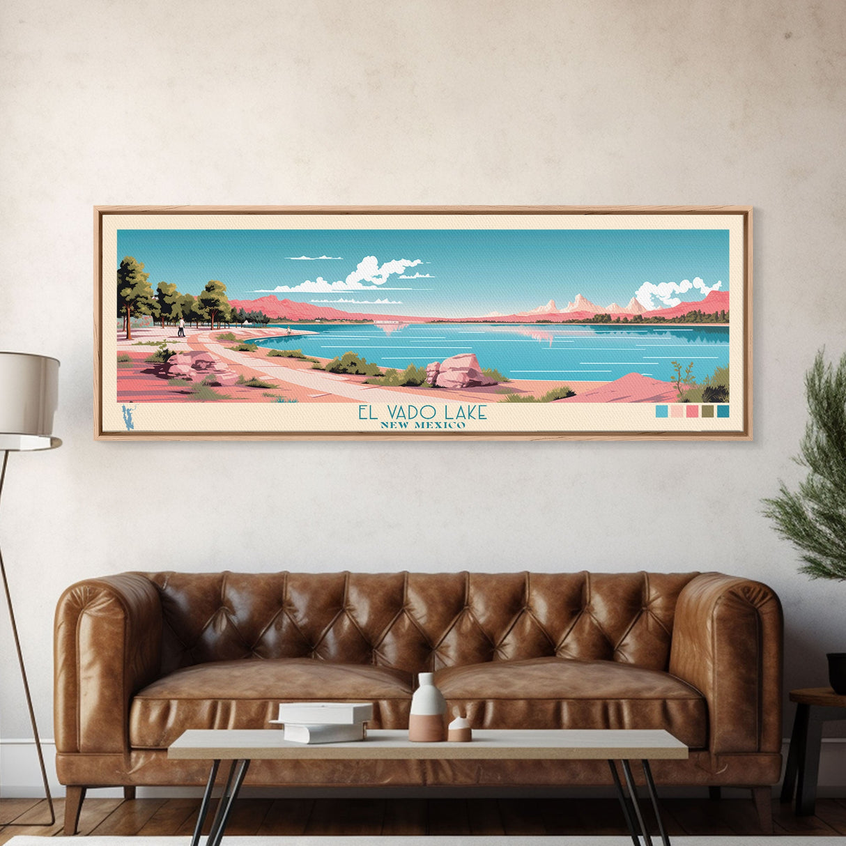 El Vado Lake New Mexico Framed Canvas Print, Panoramic Art, Midcentury Modern, Pop Art, Bedroom Decor, Travel Poster, Serene Lake Art