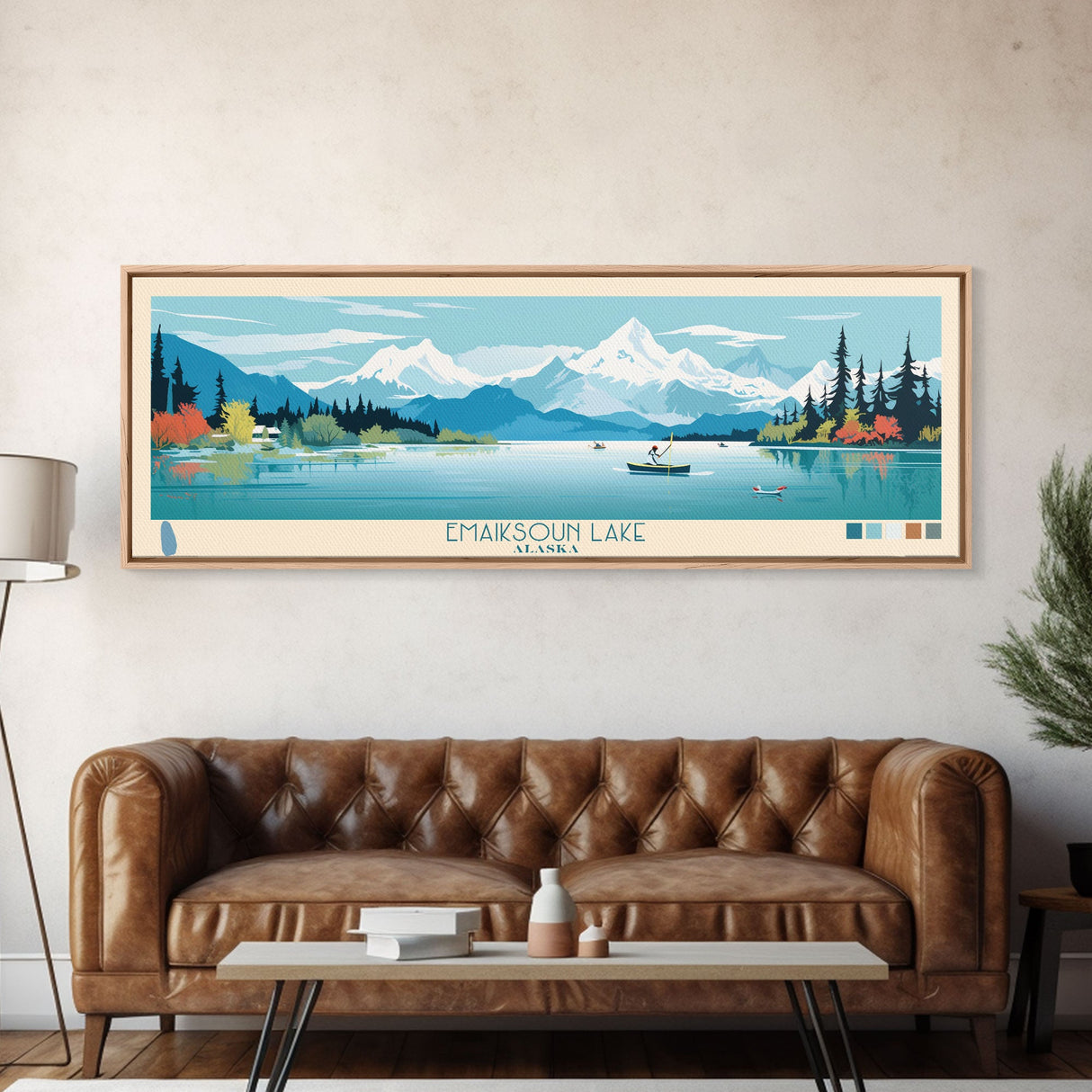 Emaiksoun Lake Alaska Framed Canvas Print, Panoramic Wall Art, Midcentury Modern, Pop Art, Bedroom Decor, Travel Poster, Nature Art