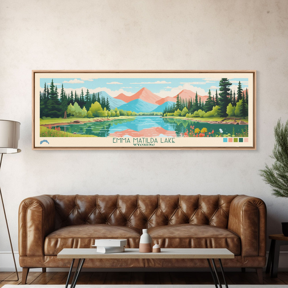 Emma Matilda Lake Wyoming Framed Canvas Print, Panoramic Wall Art, Midcentury Modern, Pop Art, Bedroom Decor, Travel Poster, Nature Painting