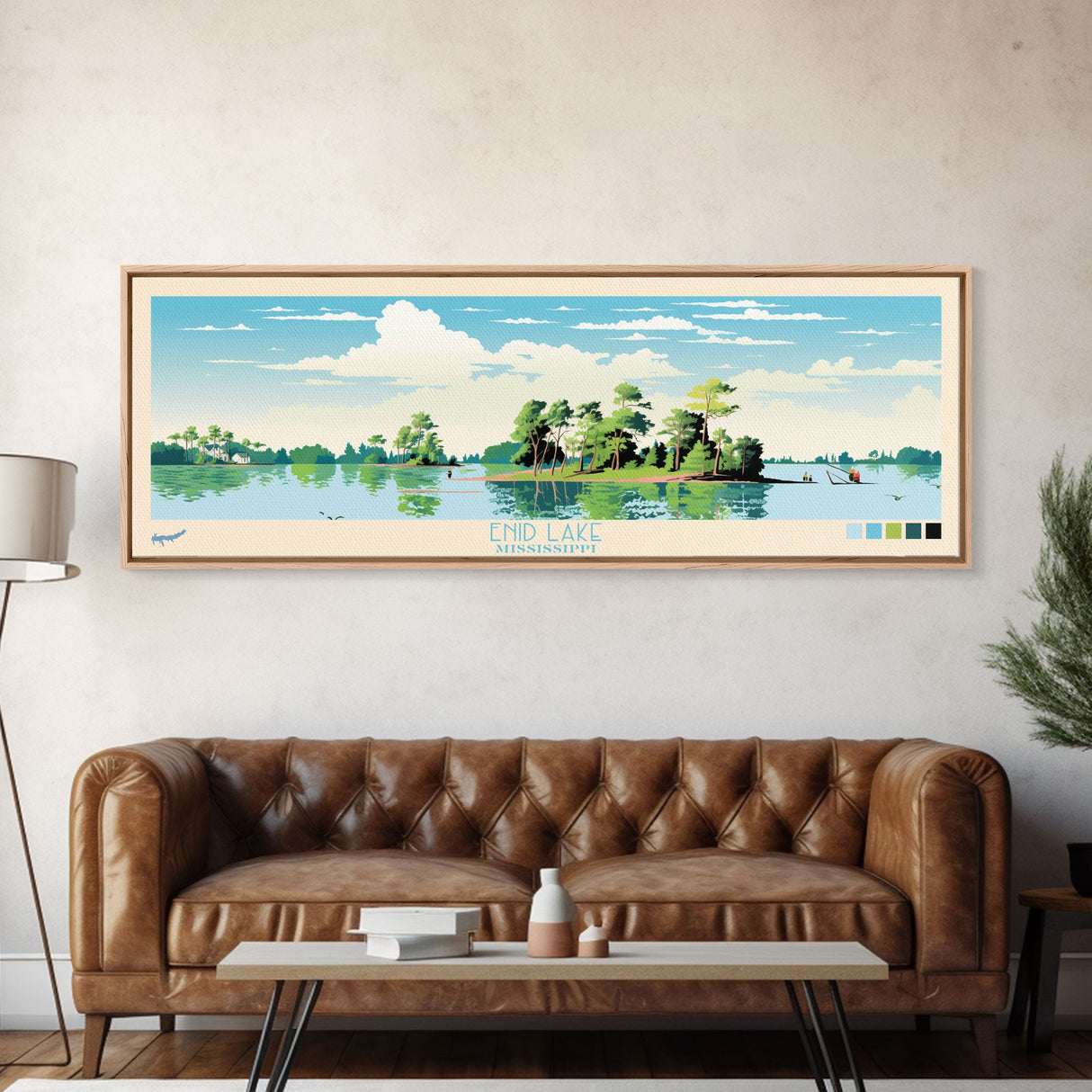 Enid Lake Mississippi Framed Canvas Print, Panoramic Art, Midcentury Modern, Pop Art, Living Room Decor, Travel Poster, Lake Painting