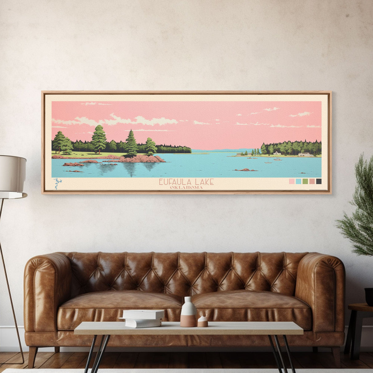 Eufaula Lake Oklahoma Framed Canvas Print, Panoramic Art, Midcentury Modern, Pop Art, Living Room Wall Art, Travel Poster, Nature Art