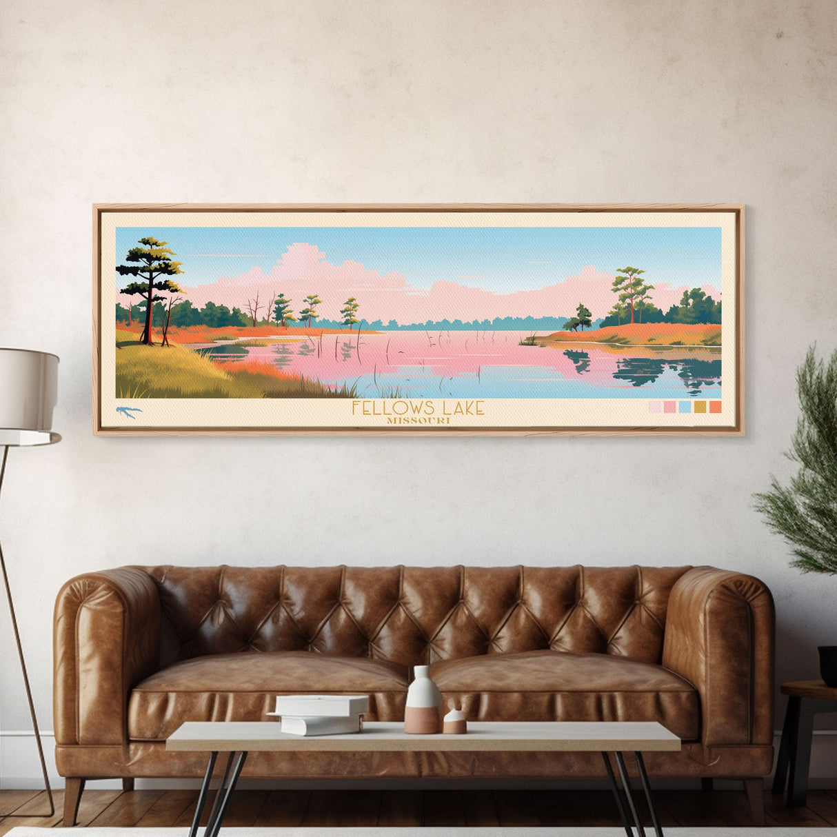 Fellows Lake Missouri Framed Canvas Print, Panoramic Wall Art, Midcentury Modern, Pop Art, Bedroom Decor, Travel Poster, Artistic Decor, Nature Painting