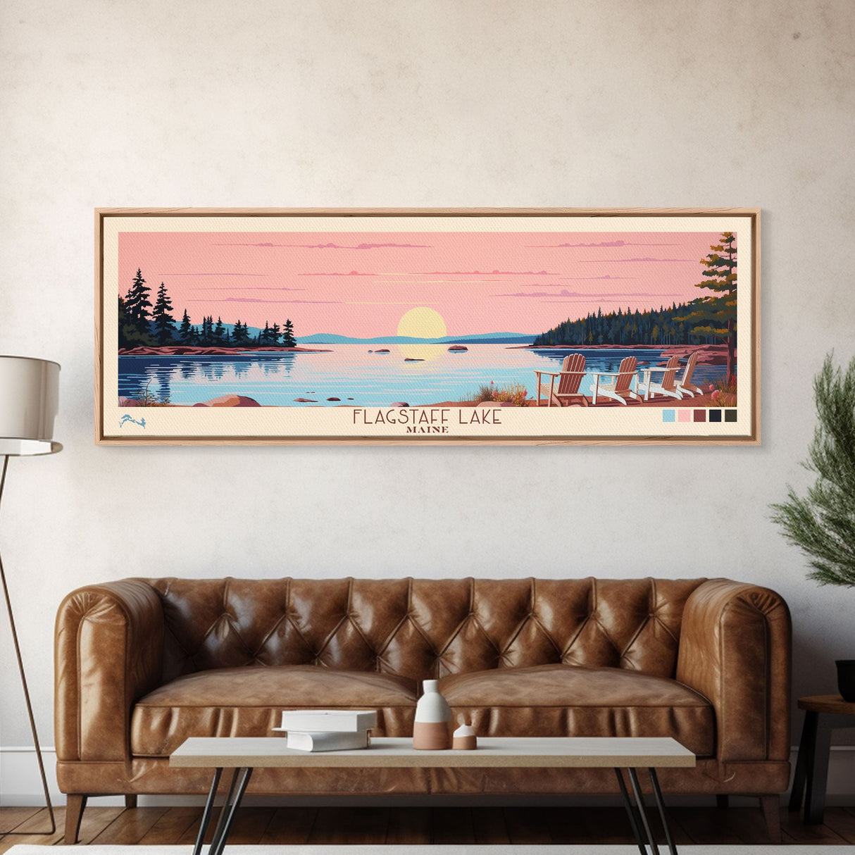 Flagstaff Lake Maine Framed Canvas Print, Panoramic Wall Art, Midcentury Modern, Pop Art, Bedroom Decor, Travel Poster, Artistic Decor, Lake View