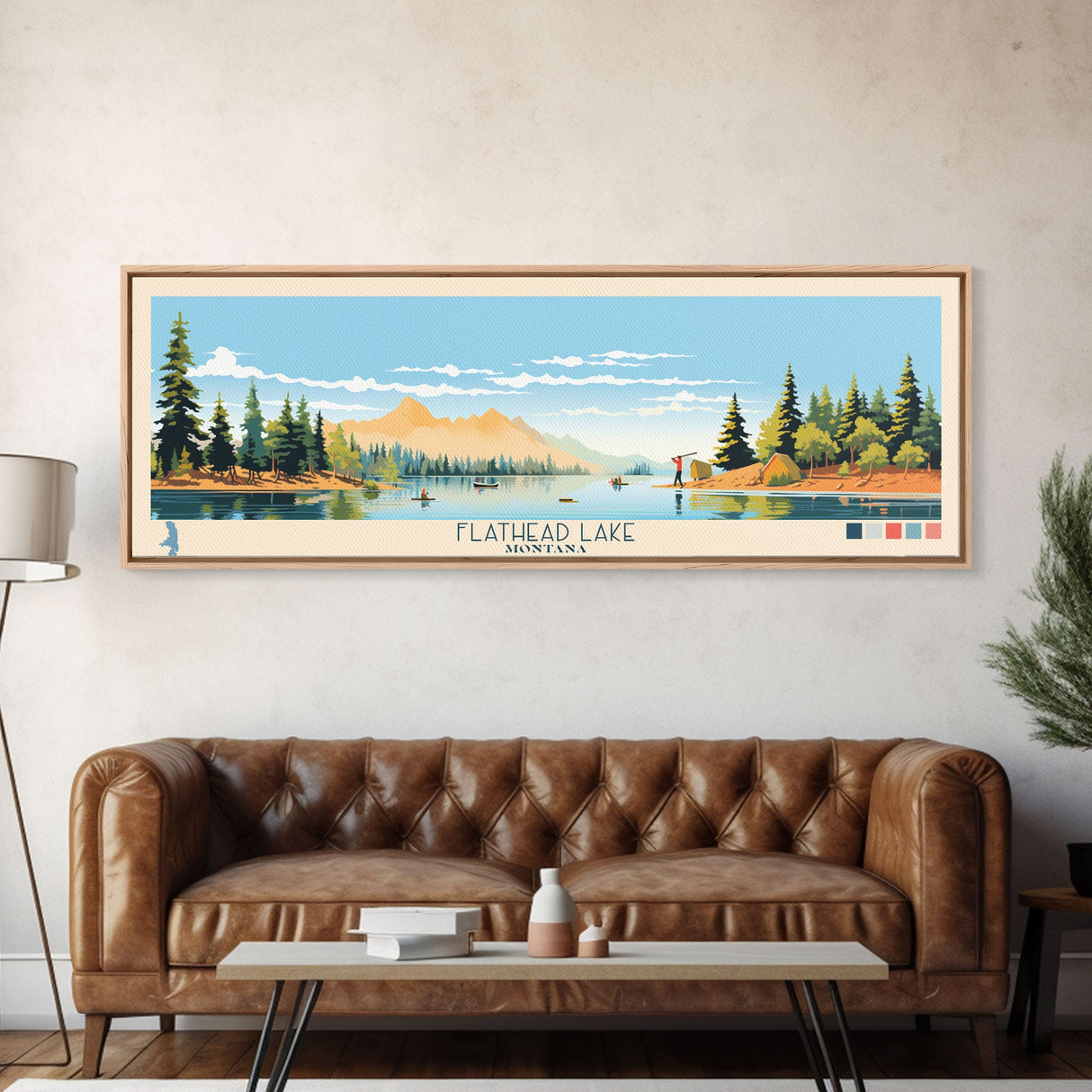 Flathead Lake Montana Framed Canvas Print, Panoramic Wall Art, Midcentury Modern, Pop Art, Bedroom Decor, Travel Poster, Nature Painting, Artistic Decor