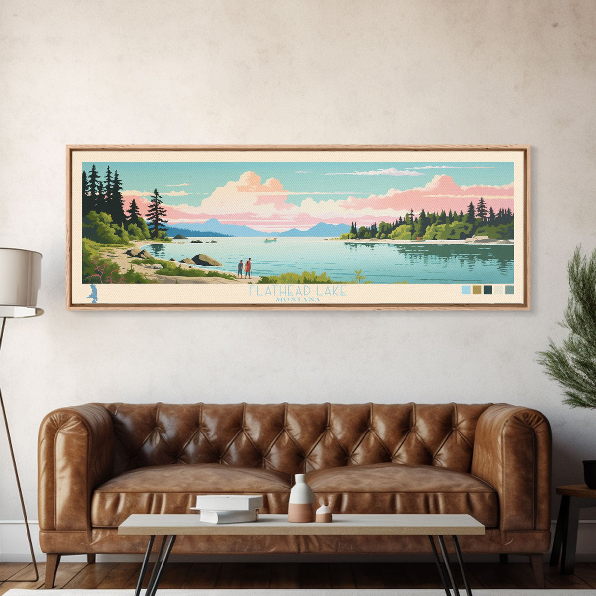 Flathead Lake Montana Framed Canvas Print, Panoramic Art, Midcentury Modern, Pop Art, Living Room Wall Art, Travel Poster, Lake View, Home Decor