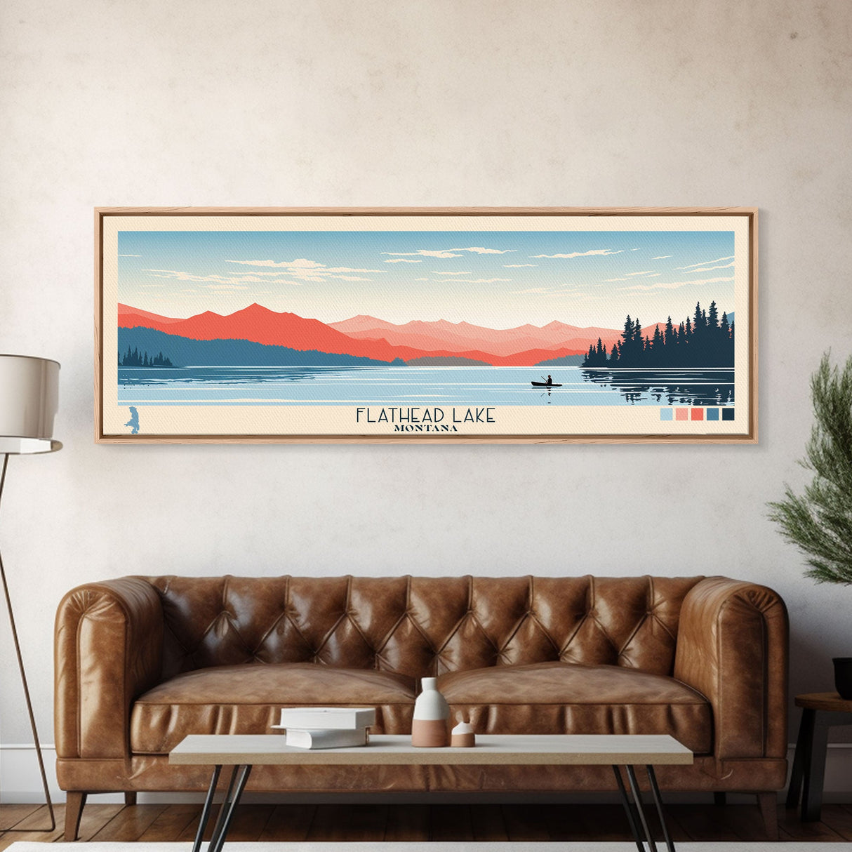 Flathead Lake Montana Framed Canvas Print, Panoramic Wall Art, Midcentury Modern, Pop Art, Bedroom Decor, Travel Poster, Nature Art, Artistic Decor