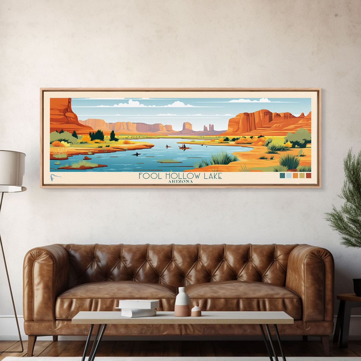 Fool Hollow Lake Arizona Framed Canvas Print, Panoramic Art, Midcentury Modern, Pop Art, Living Room Decor, Travel Poster, Lake Painting, Wall Art