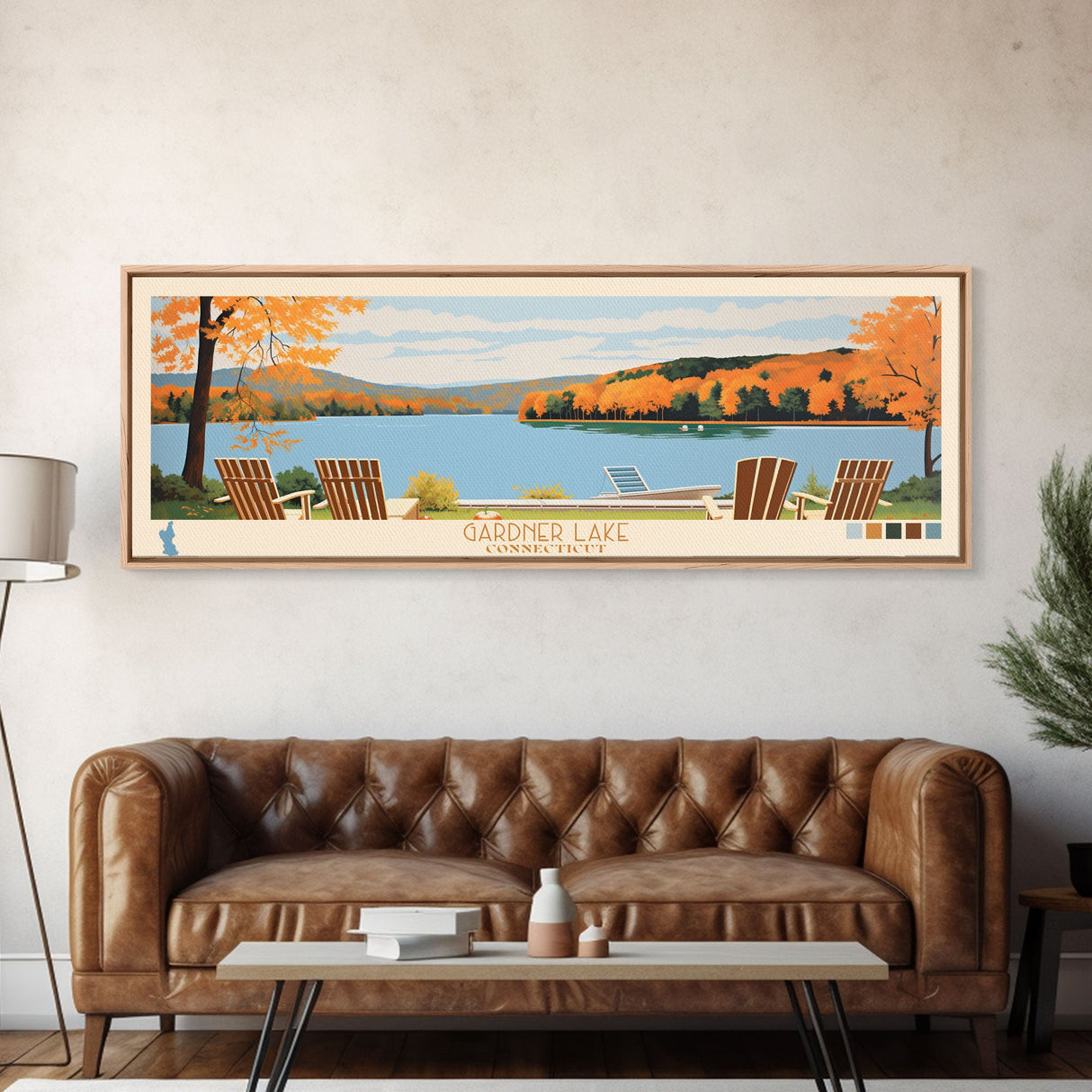 Gardner Lake Connecticut Framed Canvas Print, Panoramic Wall Art, Midcentury Modern, Pop Art, Bedroom Decor, Travel Poster, Lake View, Artistic Decor