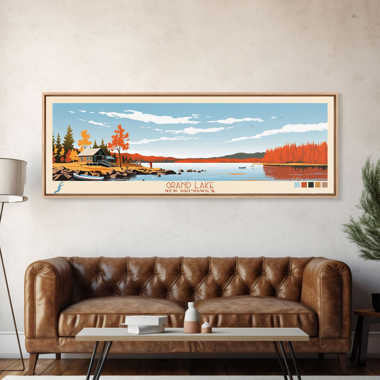 Grand Lake Canada New Brunswick Framed Canvas Print, Panoramic Art, Midcentury Modern, Pop Art, Bedroom Decor, Travel Poster, Lake House Art, Wall Art