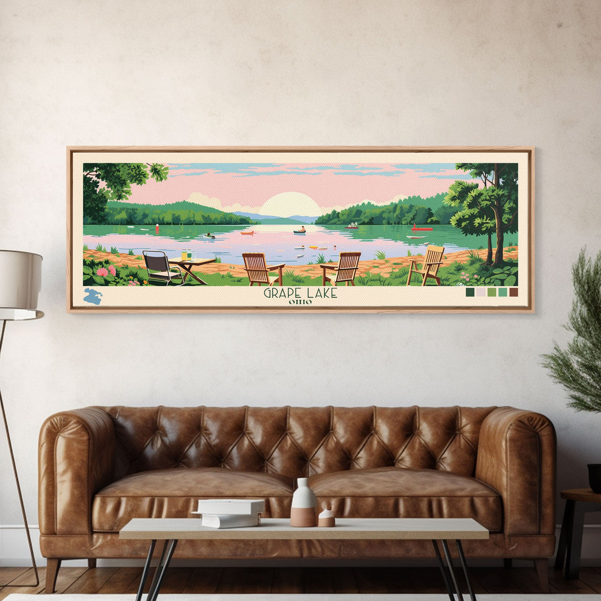 Grape Lake Ohio Framed Canvas Print, Panoramic Wall Art, Midcentury Modern, Pop Art, Living Room Wall Art, Travel Poster, Artistic Decor, Nature Art