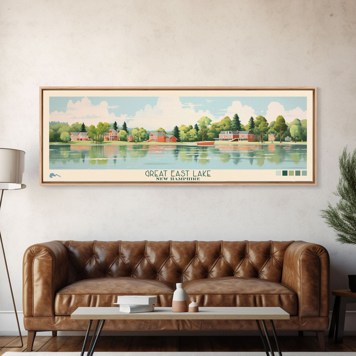 Great East Lake New Hampshire Framed Canvas Print, Panoramic Wall Art, Midcentury Modern, Pop Art, Living Room Decor, Travel Poster, Nature Art, Lake House Decor