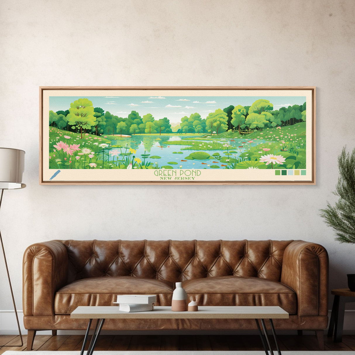 Green Pond New Jersey Framed Canvas Print, Panoramic Wall Art, Midcentury Modern, Pop Art, Living Room Decor, Travel Poster, Nature Art, Home Decor