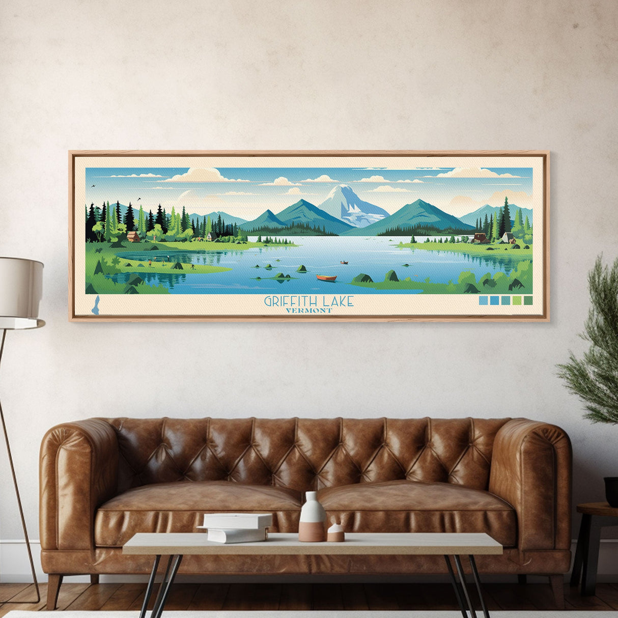 Griffith Lake Vermont Framed Canvas Print, Panoramic Wall Art, Midcentury Modern, Pop Art, Living Room Wall Art, Travel Poster, Lake View, Nature Art