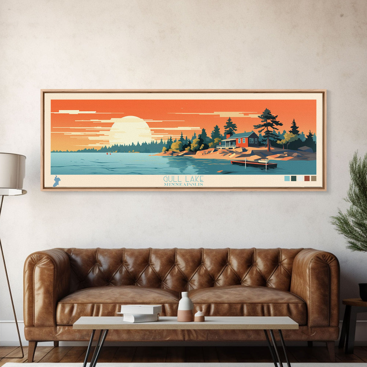 Gull Lake Minneapolis Framed Canvas Print, Panoramic Wall Art, Midcentury Modern, Pop Art, Living Room Decor, Travel Poster, Nature Art, Lake House Art