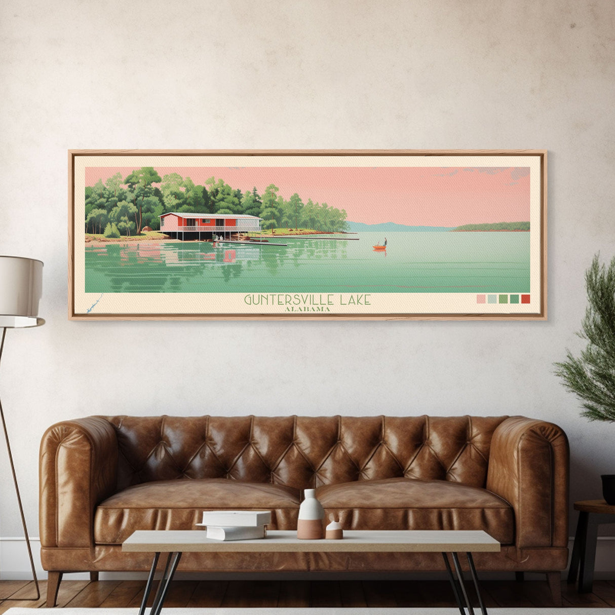 Guntersville Lake Alabama Framed Canvas Print, Panoramic Wall Art, Midcentury Modern, Pop Art, Living Room Wall Art, Travel Poster, Nature Art, Home Decor